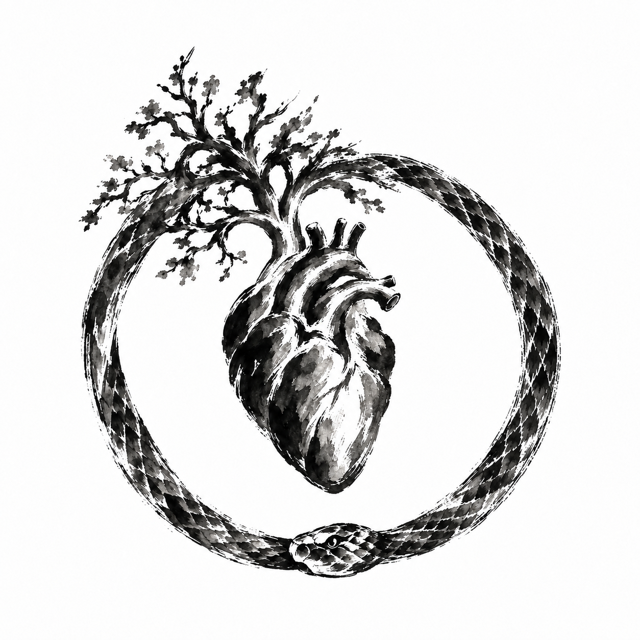 Ink-brush ouroboros surrounding a heart with branching vessels